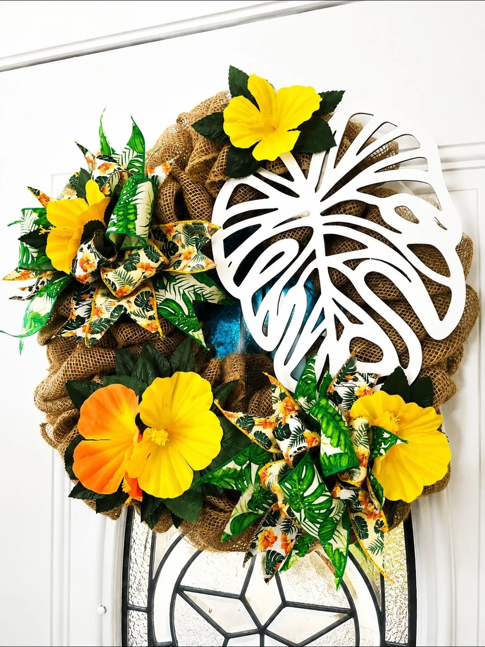 Handmade Tropical Summer Wreath Hibiscus & Monstera Front Door Decor